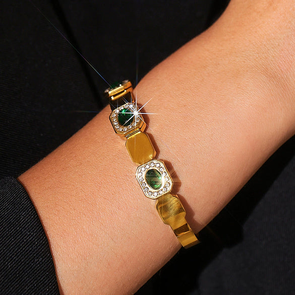 Square Green Zircon Buckle Bracelet Light Luxury Minimalist Titanium Steel Gold Plated Jewelry Wholesale