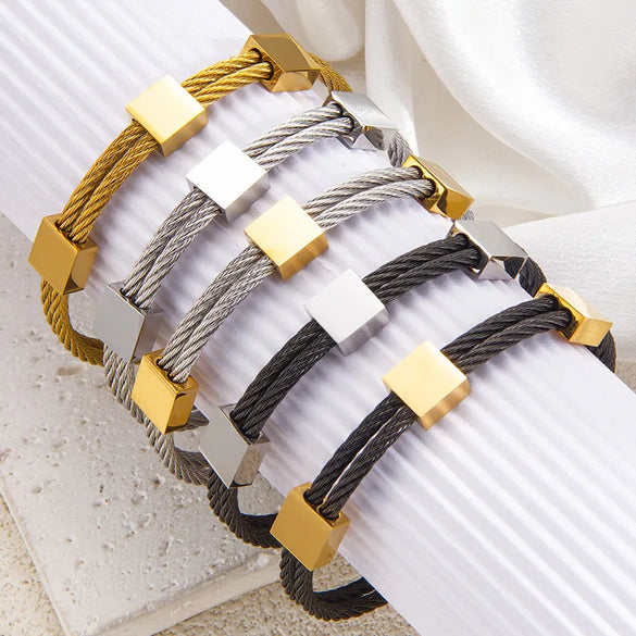 Square Head Between Gold Twist Bracelet Men'S Adjustable Simple Titanium Steel Bracelet Light Luxury Personalized High-Grade Bracelet