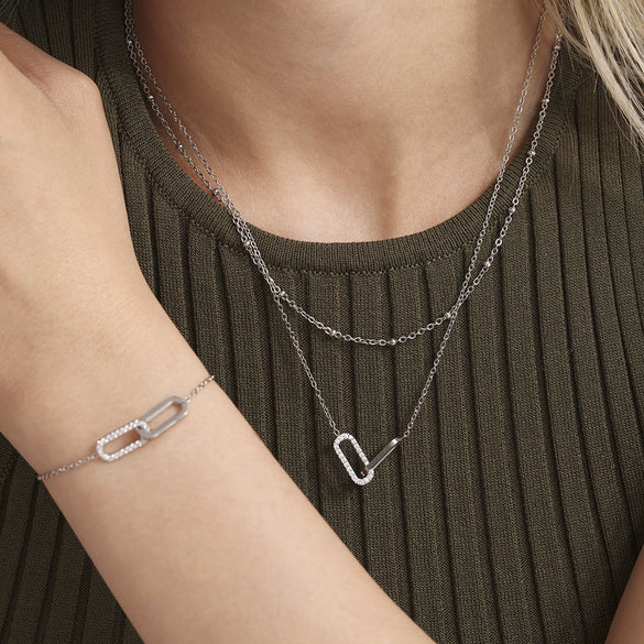 Square Interlocking Zircon Pendant Multi Layer Clavicle Chain Exquisite Bracelet Light Luxury Set Stainless Steel Electroplated