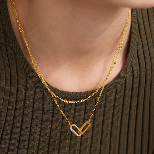 Square Interlocking Zircon Pendant Multi Layer Clavicle Chain Exquisite Bracelet Light Luxury Set Stainless Steel Electroplated