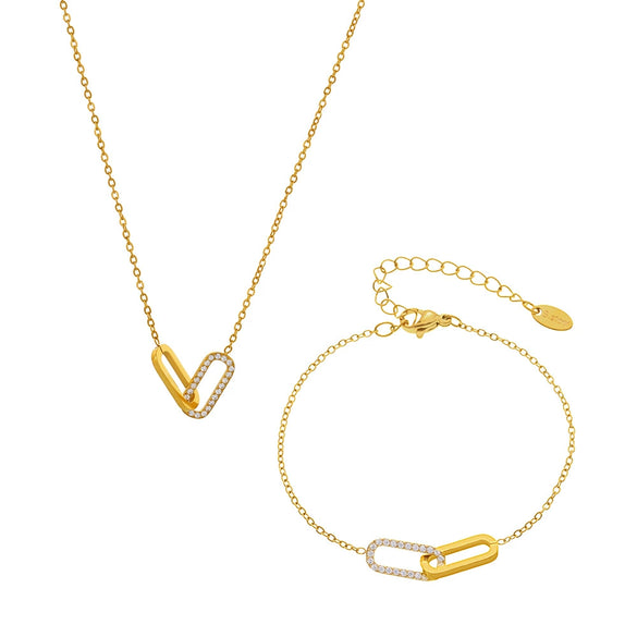 Square Interlocking Zircon Pendant Multi Layer Clavicle Chain Exquisite Bracelet Light Luxury Set Stainless Steel Electroplated