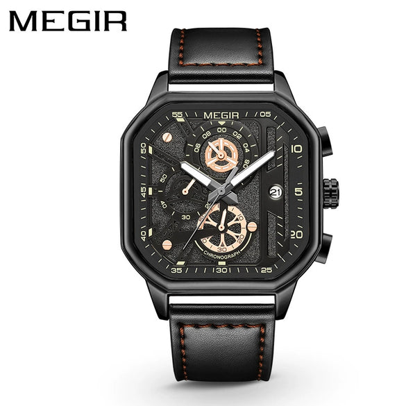 Square Multifunctional Chronograph Quartz Men's Watch Alloy Case Genuine Leather Strap Stainless Steel Clasp