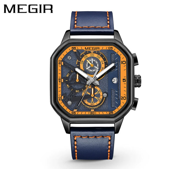 Square Multifunctional Chronograph Quartz Men's Watch Alloy Case Genuine Leather Strap Stainless Steel Clasp