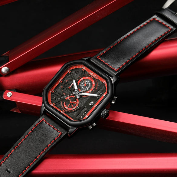 Square Multifunctional Chronograph Quartz Men's Watch Alloy Case Genuine Leather Strap Stainless Steel Clasp