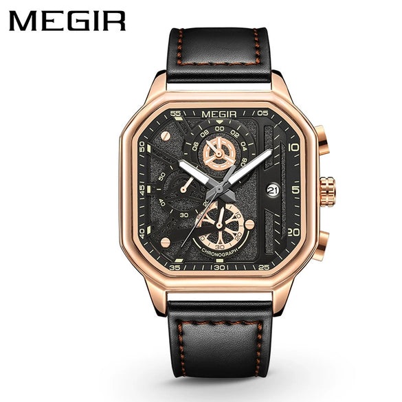 Square Multifunctional Chronograph Quartz Men's Watch Alloy Case Genuine Leather Strap Stainless Steel Clasp