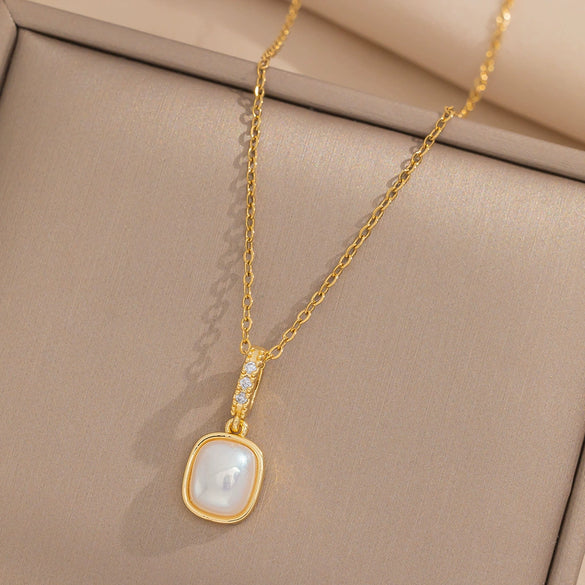 Square Opal Pendant Necklace Stainless Steel Light Luxury Geometric Electroplated