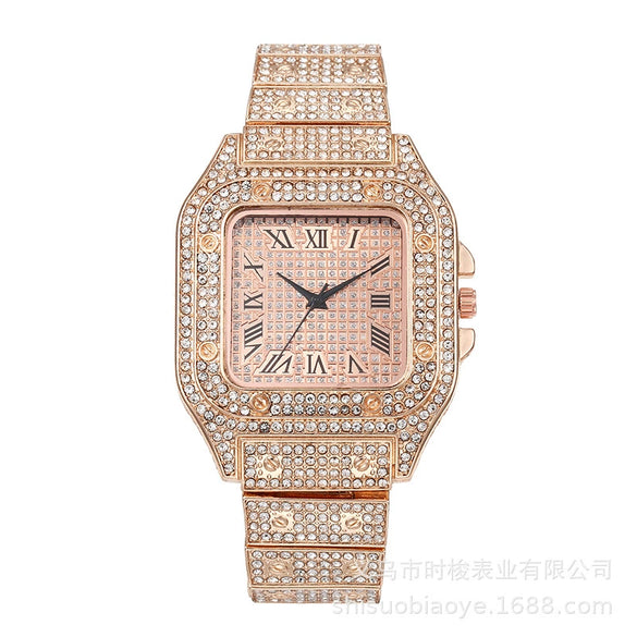 Square Quartz Watch Alloy Band And Case Stainless Steel Clasp For Adult Men With Gypsophila Design