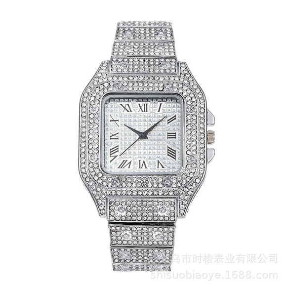 Square Quartz Watch Alloy Band And Case Stainless Steel Clasp For Adult Men With Gypsophila Design