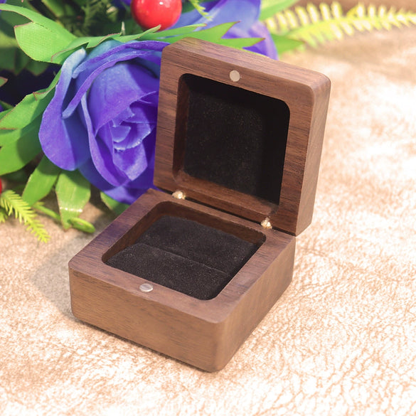 Square Rounded Solid Wood Ring Jewelry Box In Black Walnut Finish For Proposal Ring And Small Earrings Packaging