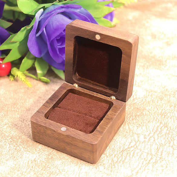 Square Rounded Solid Wood Ring Jewelry Box In Black Walnut Finish For Proposal Ring And Small Earrings Packaging