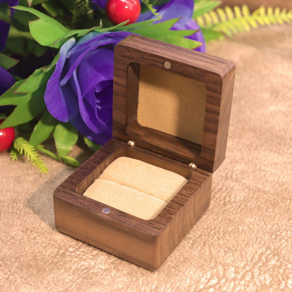 Square Rounded Solid Wood Ring Jewelry Box In Black Walnut Finish For Proposal Ring And Small Earrings Packaging