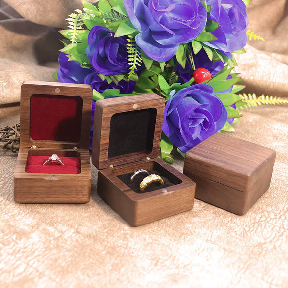 Square Rounded Solid Wood Ring Jewelry Box In Black Walnut Finish For Proposal Ring And Small Earrings Packaging
