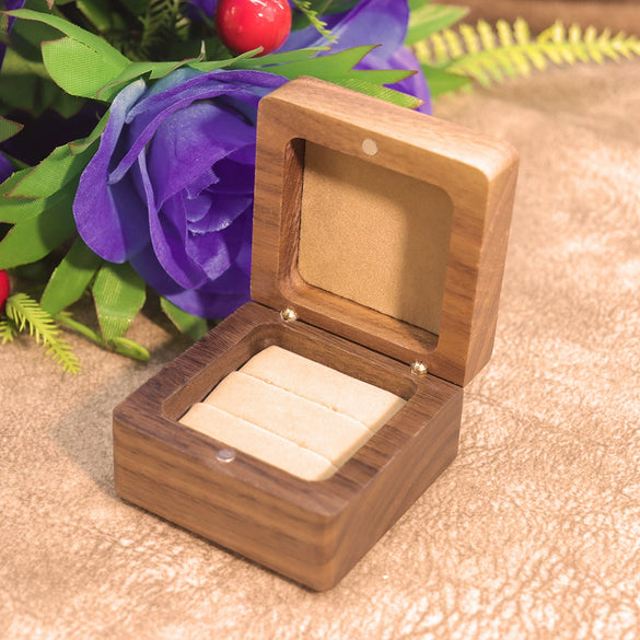 Square Rounded Solid Wood Ring Jewelry Box In Black Walnut Finish For Proposal Ring And Small Earrings Packaging