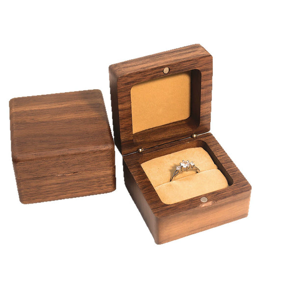 Square Rounded Solid Wood Ring Jewelry Box In Black Walnut Finish For Proposal Ring And Small Earrings Packaging