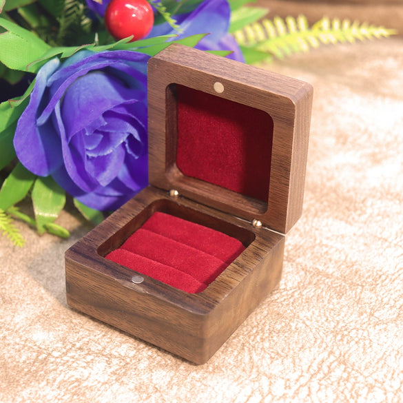 Square Rounded Solid Wood Ring Jewelry Box In Black Walnut Finish For Proposal Ring And Small Earrings Packaging