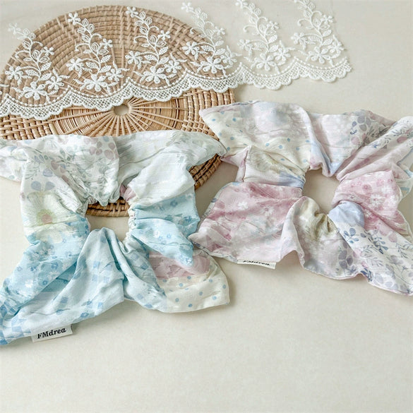 Square Scarf Scrunchie Hair Tie For Women Forest Style Pink Floral Handmade Fabric High Elasticity Sweet Style