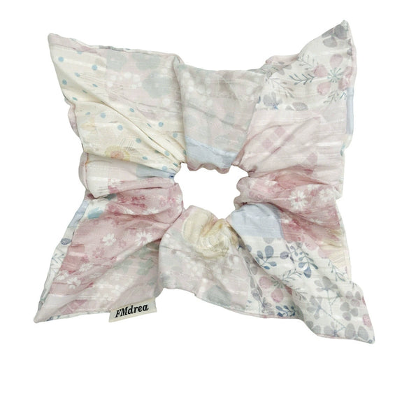 Square Scarf Scrunchie Hair Tie For Women Forest Style Pink Floral Handmade Fabric High Elasticity Sweet Style