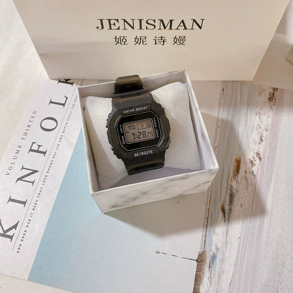 Square Sports Electronic Couple's Watch Plastic Case Silicone Strap Rose Gold Clasp