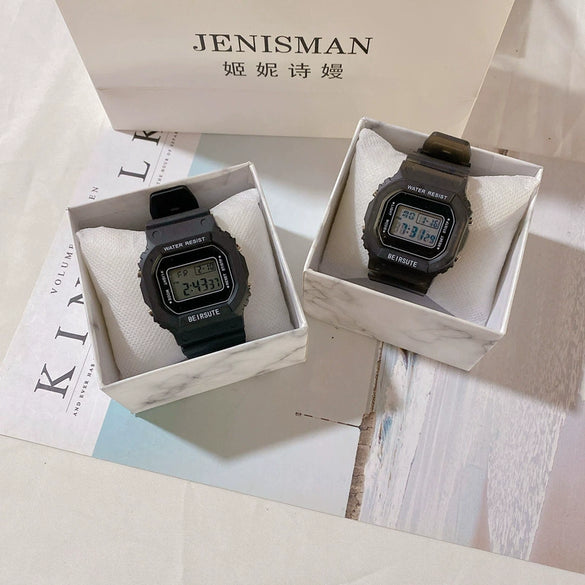 Square Sports Electronic Couple's Watch Plastic Case Silicone Strap Rose Gold Clasp