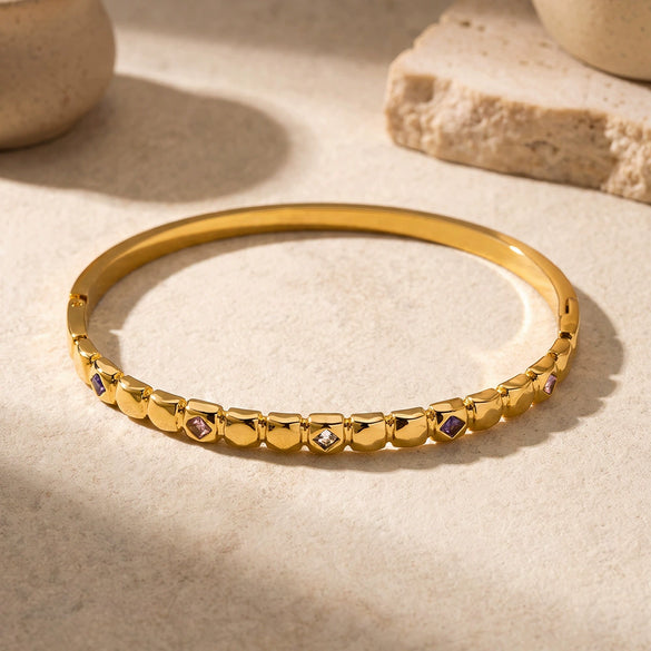 Square Stainless Steel Bracelet With Zircon Inlay Minimalist Geometric Design 18K Gold Plated
