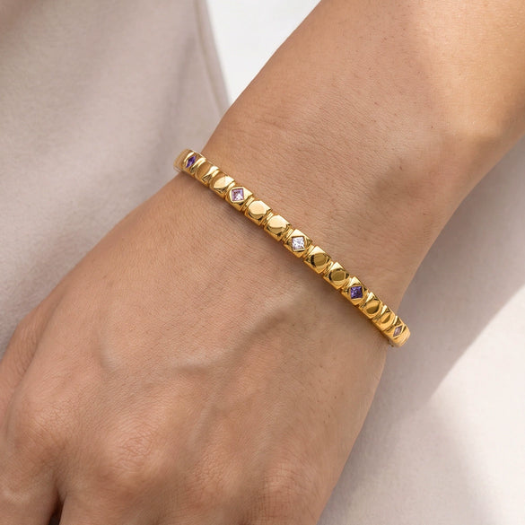Square Stainless Steel Bracelet With Zircon Inlay Minimalist Geometric Design 18K Gold Plated