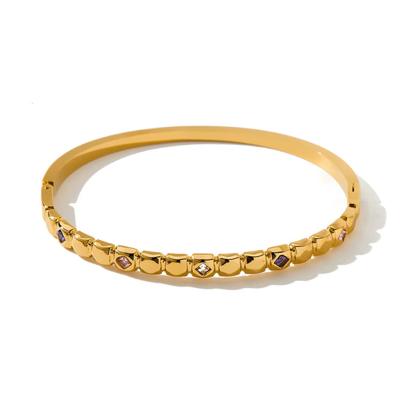 Square Stainless Steel Bracelet With Zircon Inlay Minimalist Geometric Design 18K Gold Plated