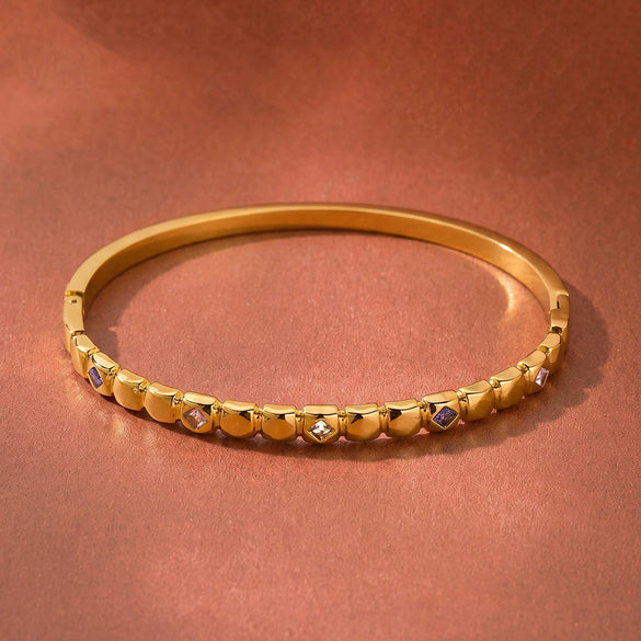 Square Stainless Steel Bracelet With Zircon Inlay Minimalist Geometric Design 18K Gold Plated