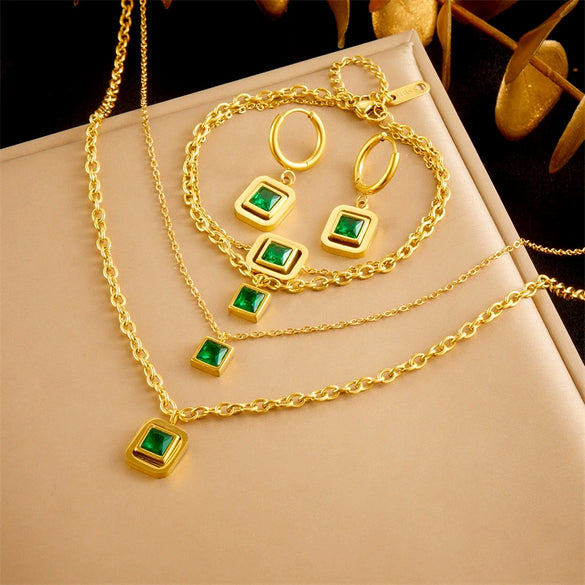 Square Stainless Steel Gold Plated Double Layer Accessories Chain Necklace Earrings Bracelet Set For Women