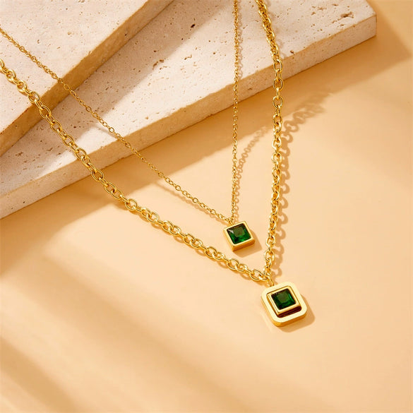 Square Stainless Steel Gold Plated Double Layer Accessories Chain Necklace Earrings Bracelet Set For Women