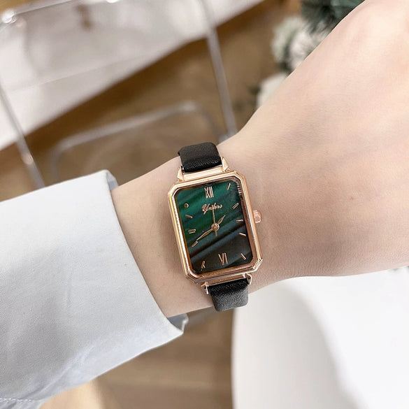 Square Women's Watch Alloy Case Ordinary Glass Mirror Retro Fashion Malachite Green