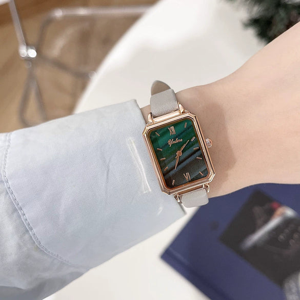 Square Women's Watch Alloy Case Ordinary Glass Mirror Retro Fashion Malachite Green