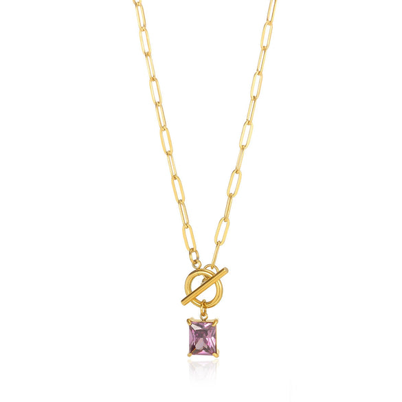 Square Zircon Moon Birthstone Stainless Steel Necklace With Snake Bone Chain And 18K Gold Plated Electroplating For Unisex