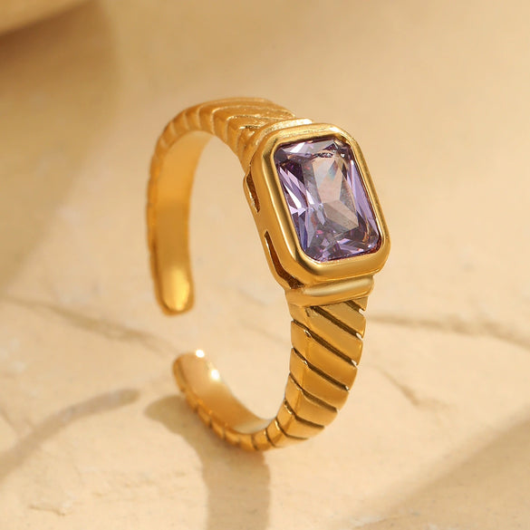 Square Zircon Ring Stainless Steel 18K Gold Plated Retro Mid Century Style For Women