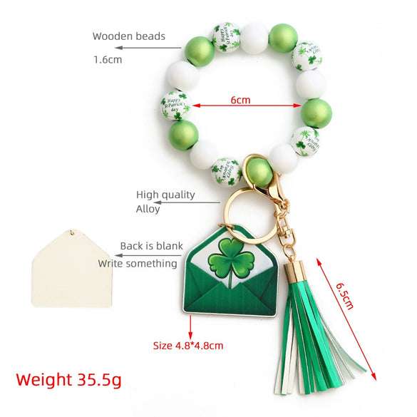 St Patrick's Day Ornaments Clover Pendant Wooden Bead Keychain