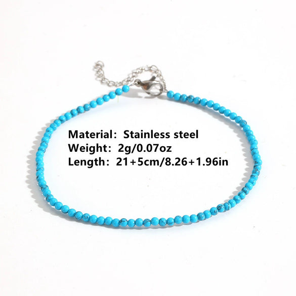 Stackable Beaded Natural Crystal Turquoise Stainless Steel Geometric Anklet