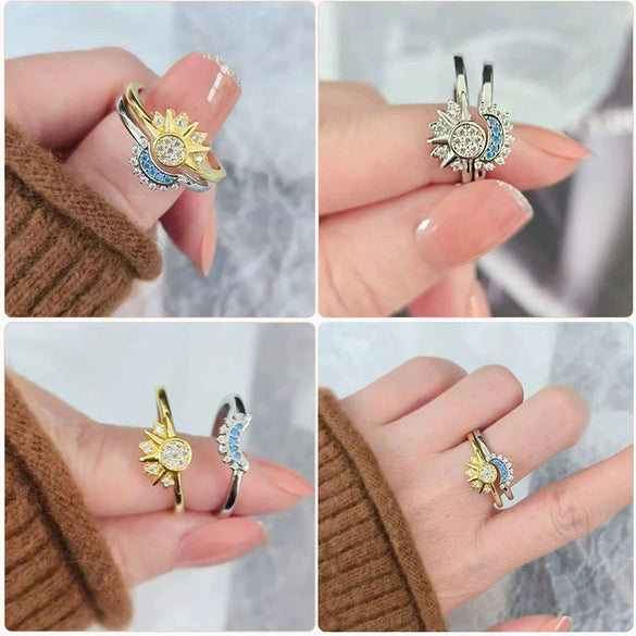Stackable Celestial Couple Ring Geometric Copper Electroplated Female Ring Set