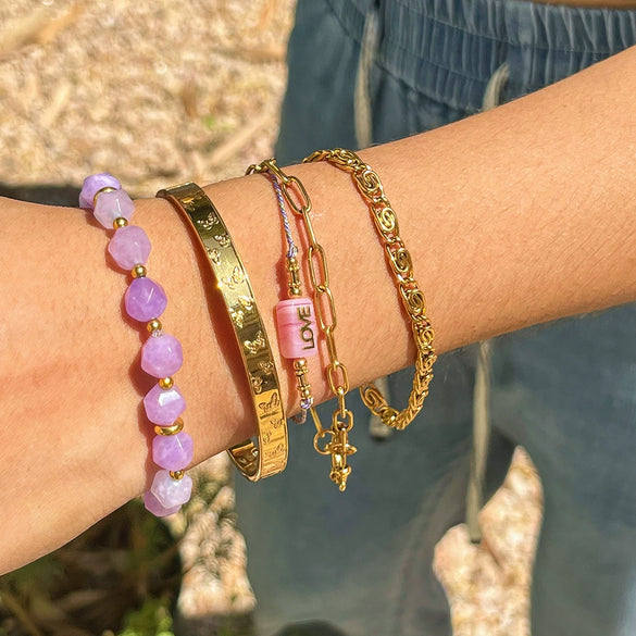 Stacked Bracelet Stainless Steel Geometric Amethyst Bead Jewelry Electroplated For Women