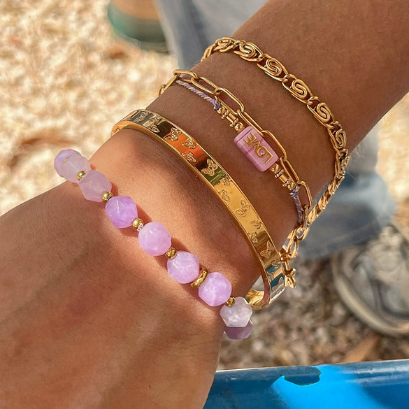 Stacked Bracelet Stainless Steel Geometric Amethyst Bead Jewelry Electroplated For Women