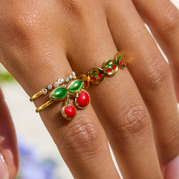 Stacked Cherry Geometric Style Stainless Steel Electroplated Women's Ring Jewelry