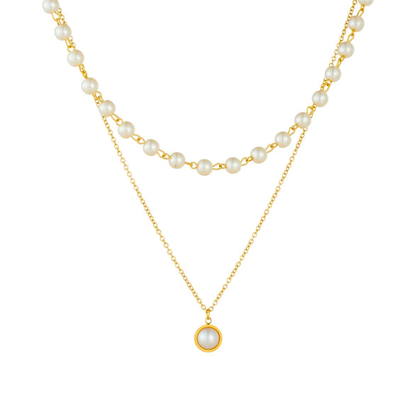 Stacked Clavicle Chain Two Layer Pearl Pendant Necklace Stainless Steel Geometric Electroplated Women's Jewelry
