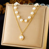 Stacked Clavicle Chain Two Layer Pearl Pendant Necklace Stainless Steel Geometric Electroplated Women's Jewelry