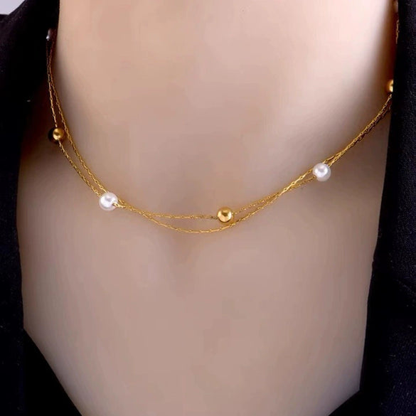 Stacked Clavicle Necklace Imitation Pearl Round Beads Titanium Steel Geometric Style Electroplated Jewelry