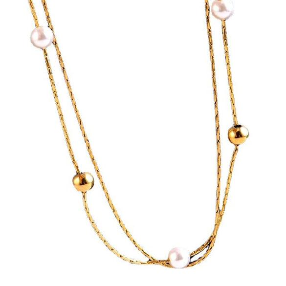 Stacked Clavicle Necklace Imitation Pearl Round Beads Titanium Steel Geometric Style Electroplated Jewelry