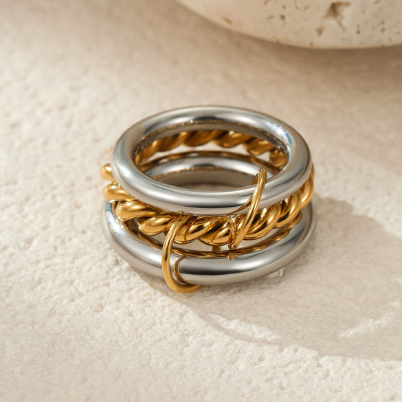Stacked Colorblocked Stainless Steel Geometric Ring Combination Light Luxury Style 18K Goldplated Hand Jewelry