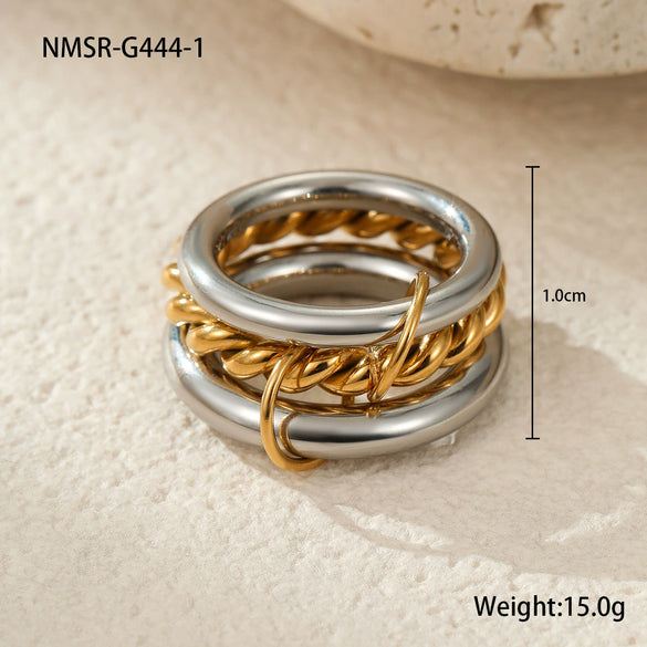 Stacked Colorblocked Stainless Steel Geometric Ring Combination Light Luxury Style 18K Goldplated Hand Jewelry