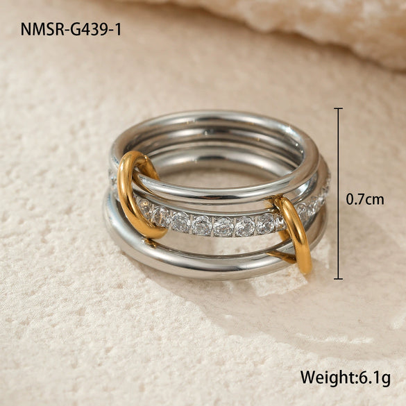 Stacked Colorblocked Stainless Steel Geometric Ring Combination Light Luxury Style 18K Goldplated Hand Jewelry