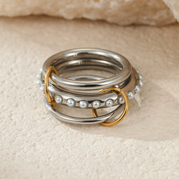Stacked Colorblocked Stainless Steel Geometric Ring Combination Light Luxury Style 18K Goldplated Hand Jewelry