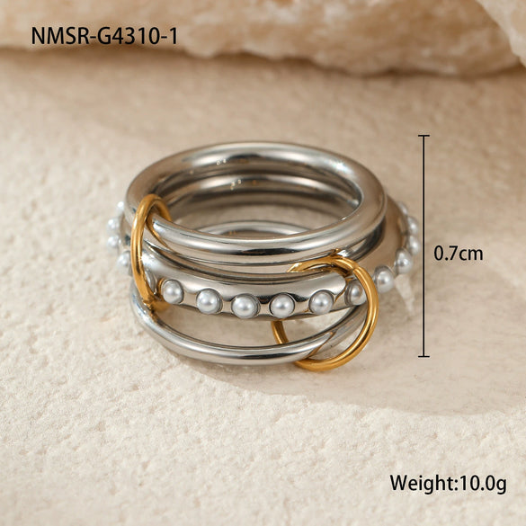 Stacked Colorblocked Stainless Steel Geometric Ring Combination Light Luxury Style 18K Goldplated Hand Jewelry