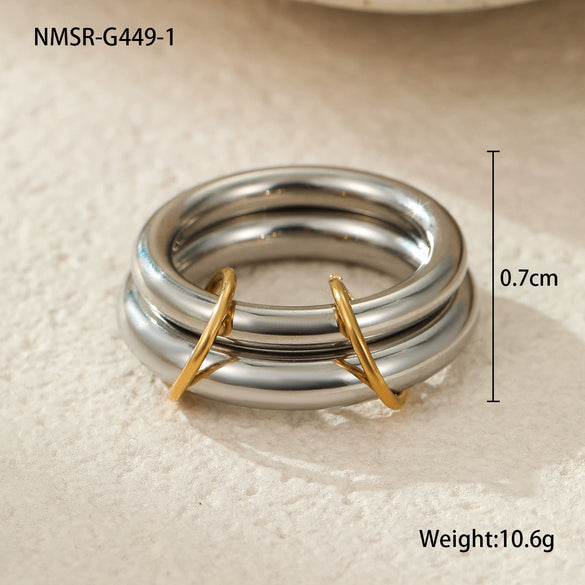 Stacked Colorblocked Stainless Steel Geometric Ring Combination Light Luxury Style 18K Goldplated Hand Jewelry