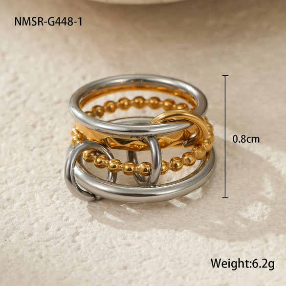 Stacked Colorblocked Stainless Steel Geometric Ring Combination Light Luxury Style 18K Goldplated Hand Jewelry